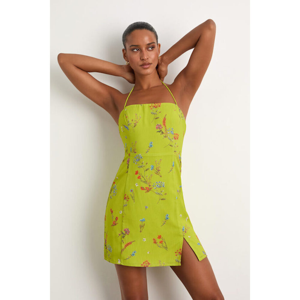 Lulus Catch The Bouquet Lime Green Floral Halter Lace-up Mini Dress - Size S